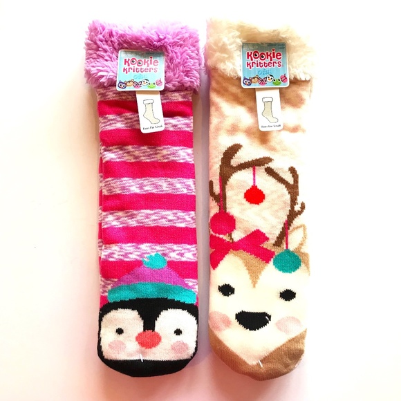 Socks Faux Fur Lined Slipper Socks Set of 2 By Kookie Kritters Penguin Reindeer - Picture 1 of 16